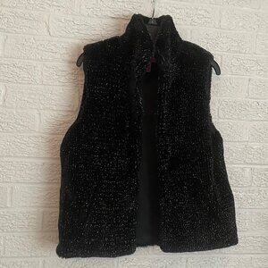 Betsey Johnson sparkly faux fake fur black silver vest